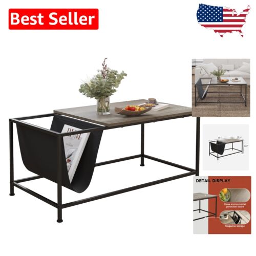 Modern Grey Oak Coffee Table with Metal Frame & Storage Pocket - Compact Design