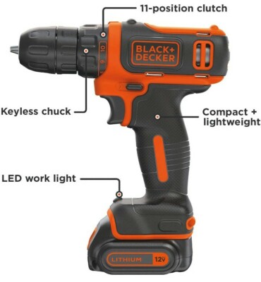 BLACK+DECKER 12V MAX Cordless Drill/ Driver Fixing KIT LED Light Powerful Bit