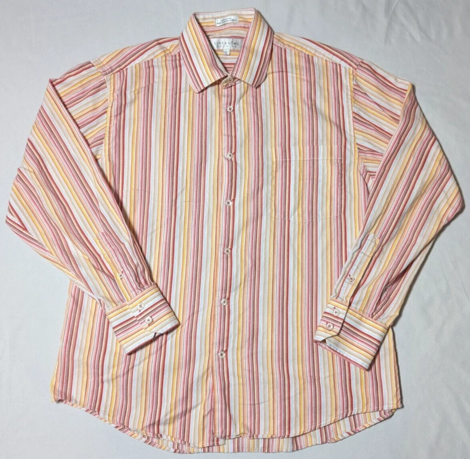 LINEA DOME CHEMISE 男式大号 (16.5) 红色橙色条纹棉质纽扣衬衫 — 第 2/4 张图片