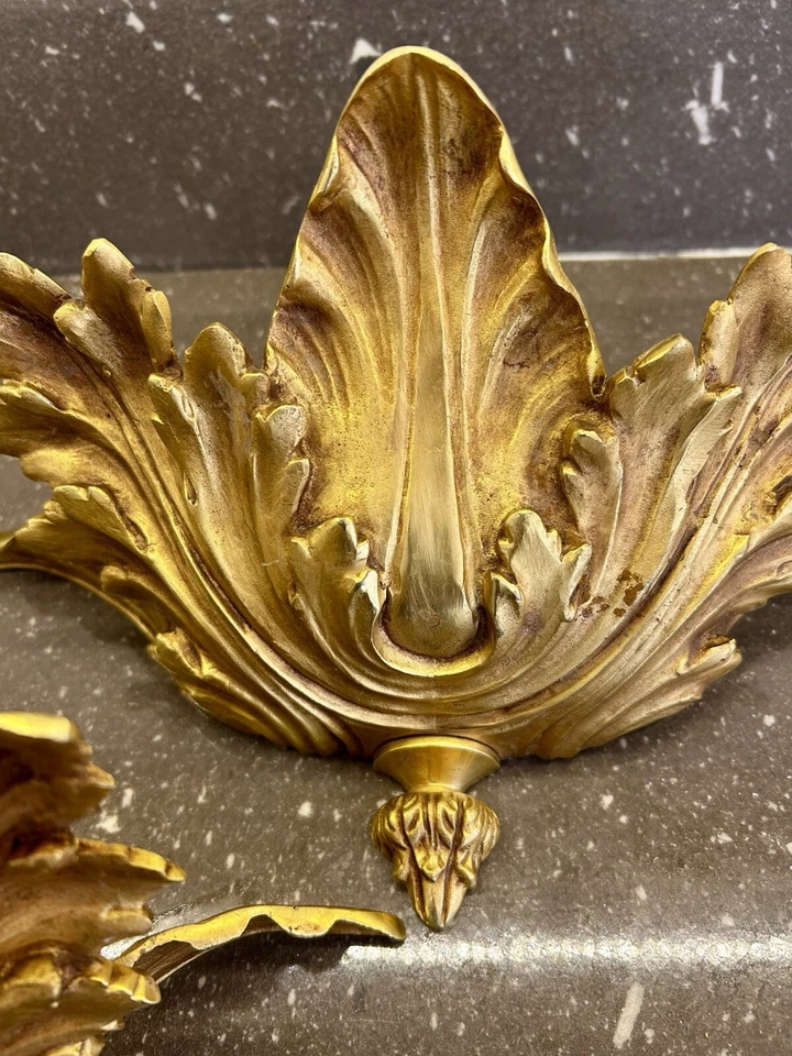 LUCIEN GAU SPLENDIDE PAIRE APPLIQUES BRONZE DORÉ ACANTHES HOLLYWOOD REGENCY 70’s - Photo 2/4
