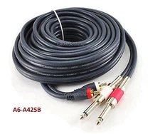 25ft Python Dual 1/4" TS Mono Male Plug to 2-RCA Plug Male Blue Audio Cable