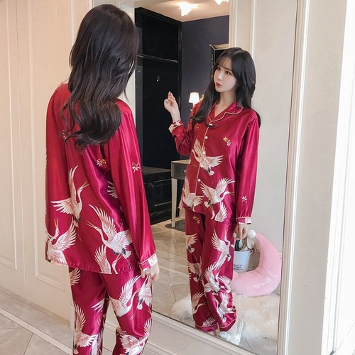 Damen Seide Satin Pyjama Set Langarm Knopfleiste Nachtwäsche Homewear Plus Pj - Bild 35 von 35