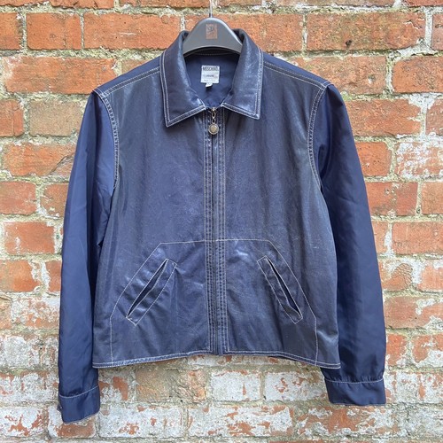 Moschino, Vintage 90s Moschino Trucker Jacket Women’s UK 14 Cropped Blue Shimmer Full Zip