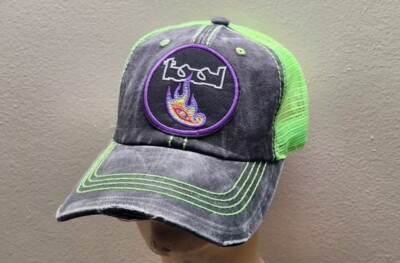 Tool Hat Distressed Black Neon Green Mesh Adjustable Hat
