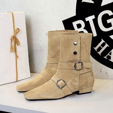 Women Square Toe Belt Buckle Thick Heel Faux Suede Ankle Boots Short Booties