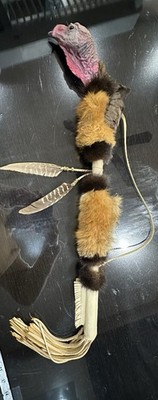 Native American Turkey Head  Stick 25'' Ceremonial Feathers Leather Fur Handmade