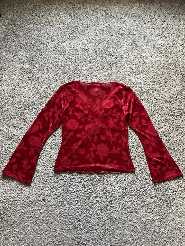 Top Vintage Años 90 Y2K Rojo Floral Terciopelo Manga Campana Romántico Grunge Bruja Gótica Foto 4 de 4