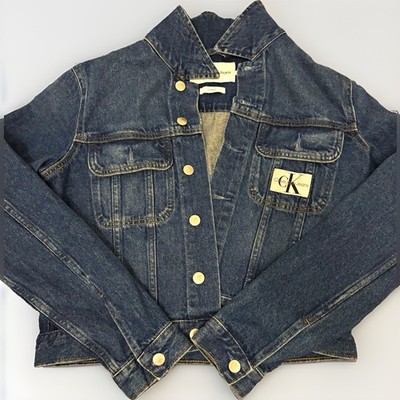 Calvin Klein Jeans Damen Jeansjacke Denim Cropped Langarm Knopf Blau Gr. L
