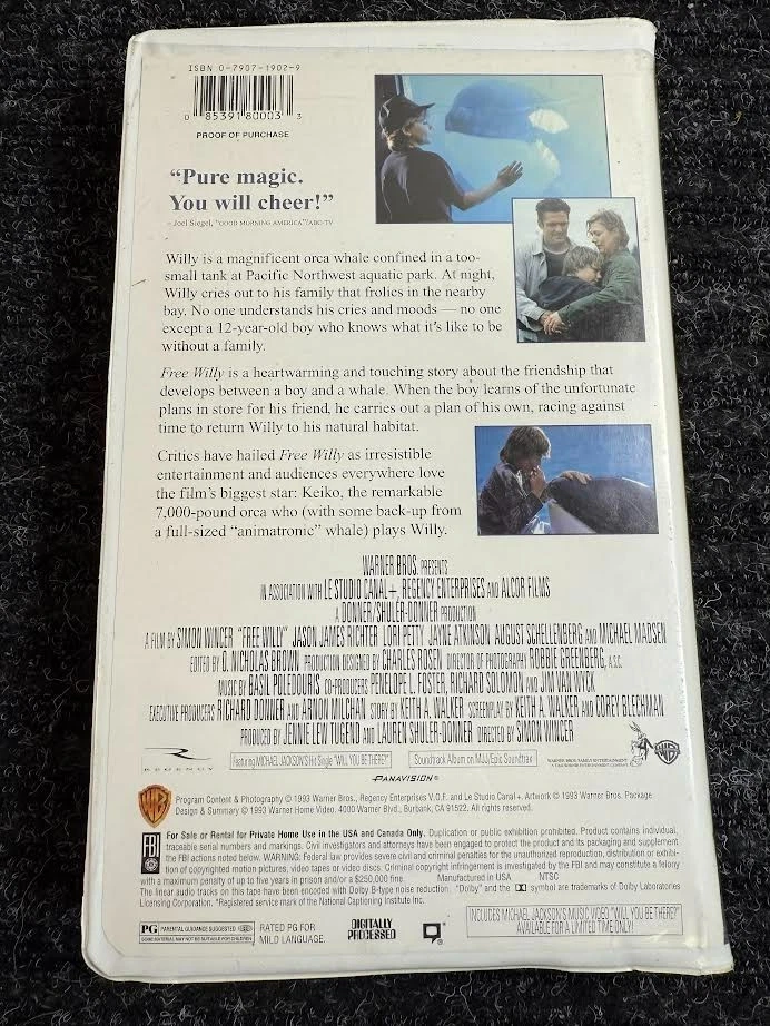 Free Willy VHS 1993 Warner Bros Family Adventure Movie - Good Condition Foto 3 de 4