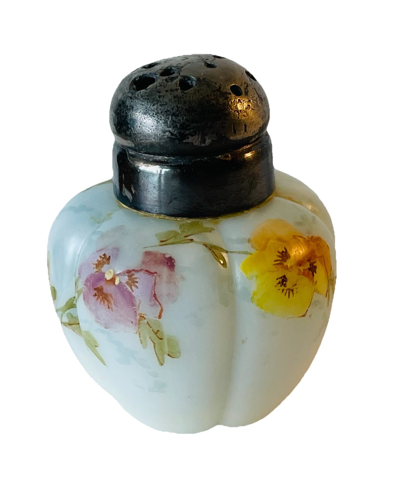 Victorian Mt Washington Art Glass Melon Shaker with Hand-Painted Pansy Floral Design
