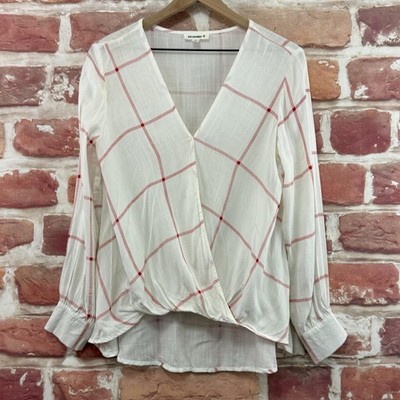 Eesome Top Womens S White Red Multicolor Windowpane Plaid Surplice Wrap Shirt