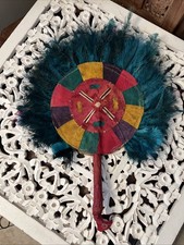 African Ceremonial Fan Tribal Ostrich Feathers Vibrant Color Turquoise Red 21x15