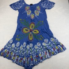 Women's Boho Tie Dye Floral Midi Dress Embroidered Lace-Up Small Multicolor