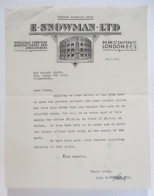 Vintage 1934 E SCHNEEMANN Möbel Polsterer Gt EASTERN STREET LONDON EC2 Brief