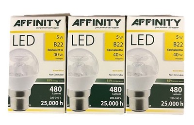 3er PACK AFFINITY LED GOLFBALL B22 5W = 40W GLÜHBIRNEN WARMWEISS NICHT DIMMBAR NEU