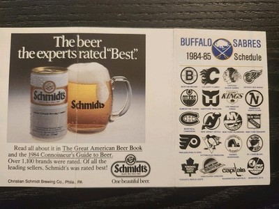 NHL HOCKEY 1984-85 BUFFALO SABRES pocket schedule ~ Schmidts 