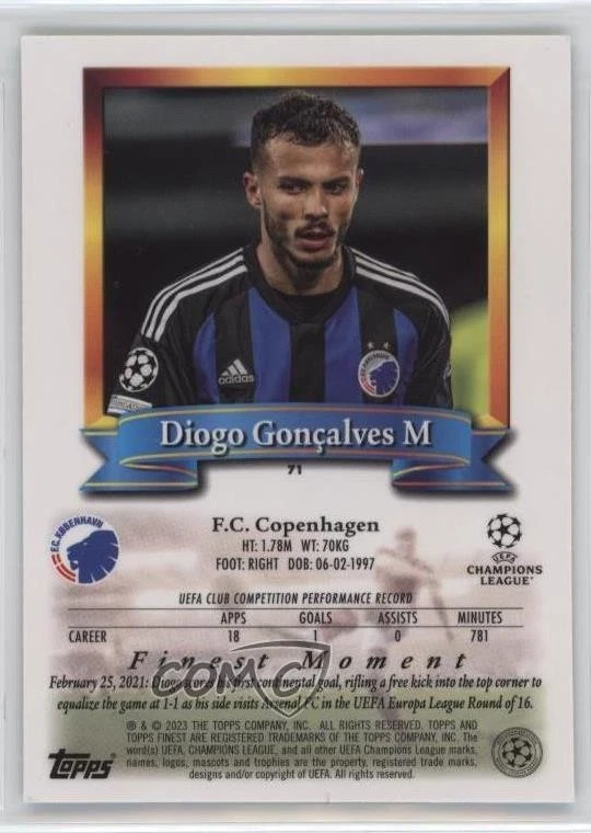 2022-23 Topps Finest Flashbacks UEFA Diogo Goncalves Diogo Gonçalves #71 - Image 2 of 2