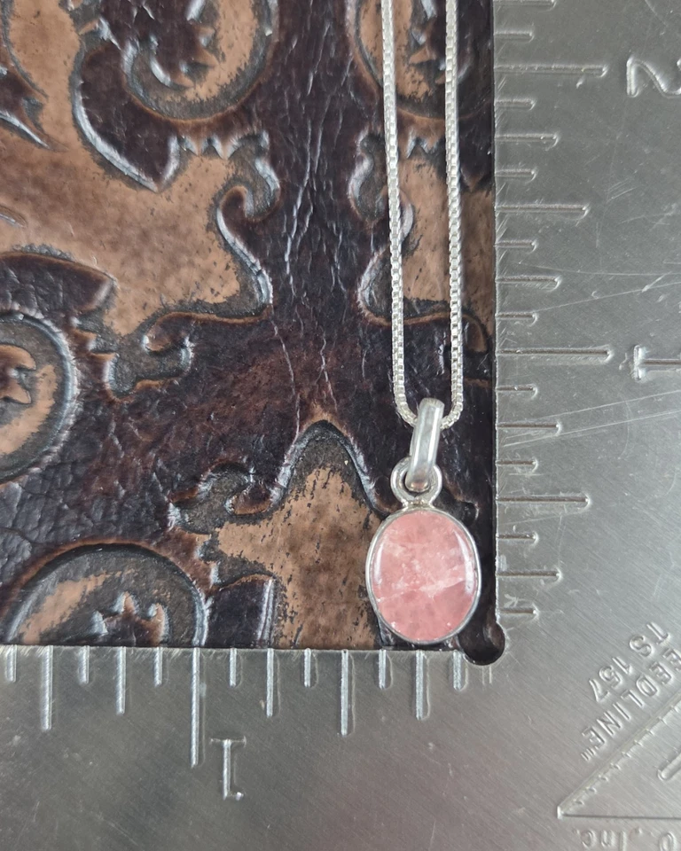 Collar Colgante Cuarzo Rosa en Pequeña Cadena Caja 13" Plata de Ley 925 Foto 3 de 4