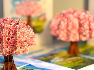Origami Pop Cards Plum Pink Cherry Blossom Tree on Green Fields Happy Birthday