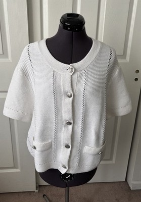 LOFT White Crew Neck Silver Button-Up Short Sleeve Cardigan Sweater  XL