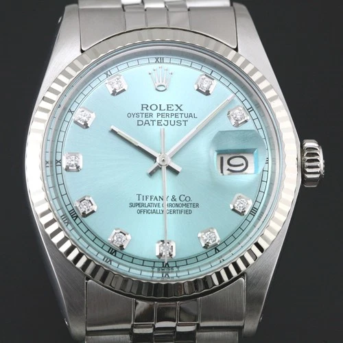 ROLEX MENS DATEJUST 1601 WHITE GOLD& STAINLESS STEEL ICE BLUE DIAMOND DIAL WATCH