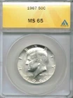 1967 Philadelphia 50C Uncirculated Silver Kennedy Half Dollar ANACS MS65