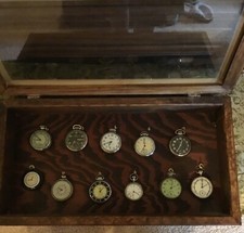 Antq Vntg Pocket Watch Collec. Lot 11 inHandmade Display Case 10Wx7Lx4 D/Read