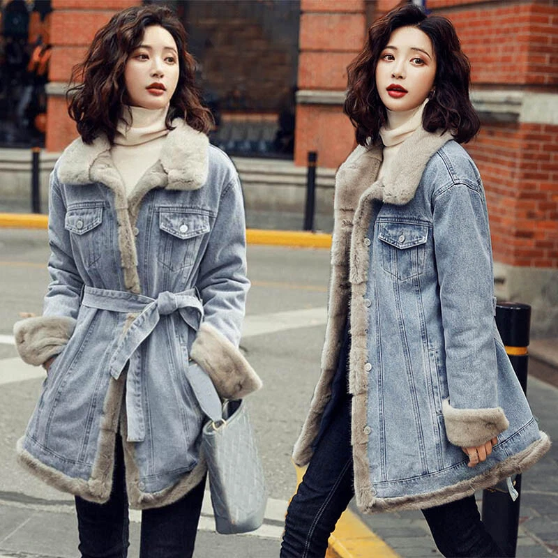 Winter Fashion Womens Denim Faux Fur Lined Warm Coats Jean Jacket Girls  Outwear