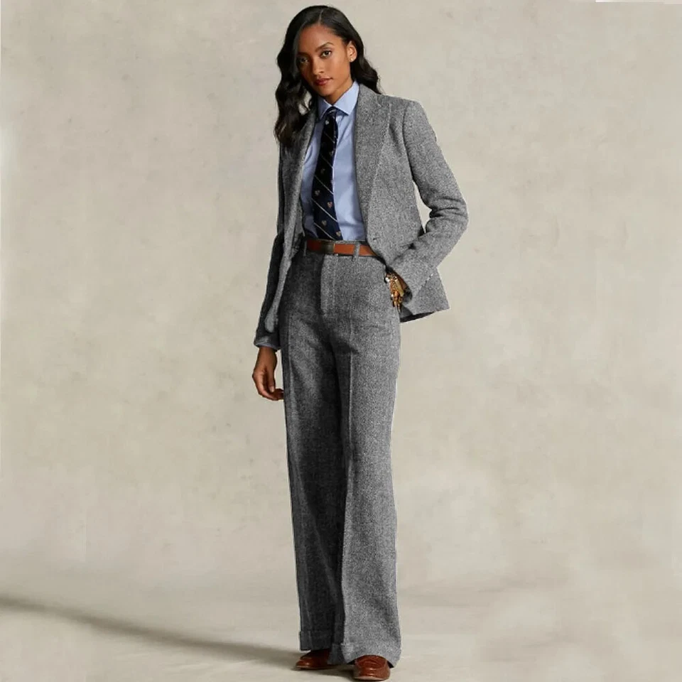 Women's Herringbone Suit 2-piece Set Formal Suits Single-breasted Jacket+Pant - Image 2 of 4
