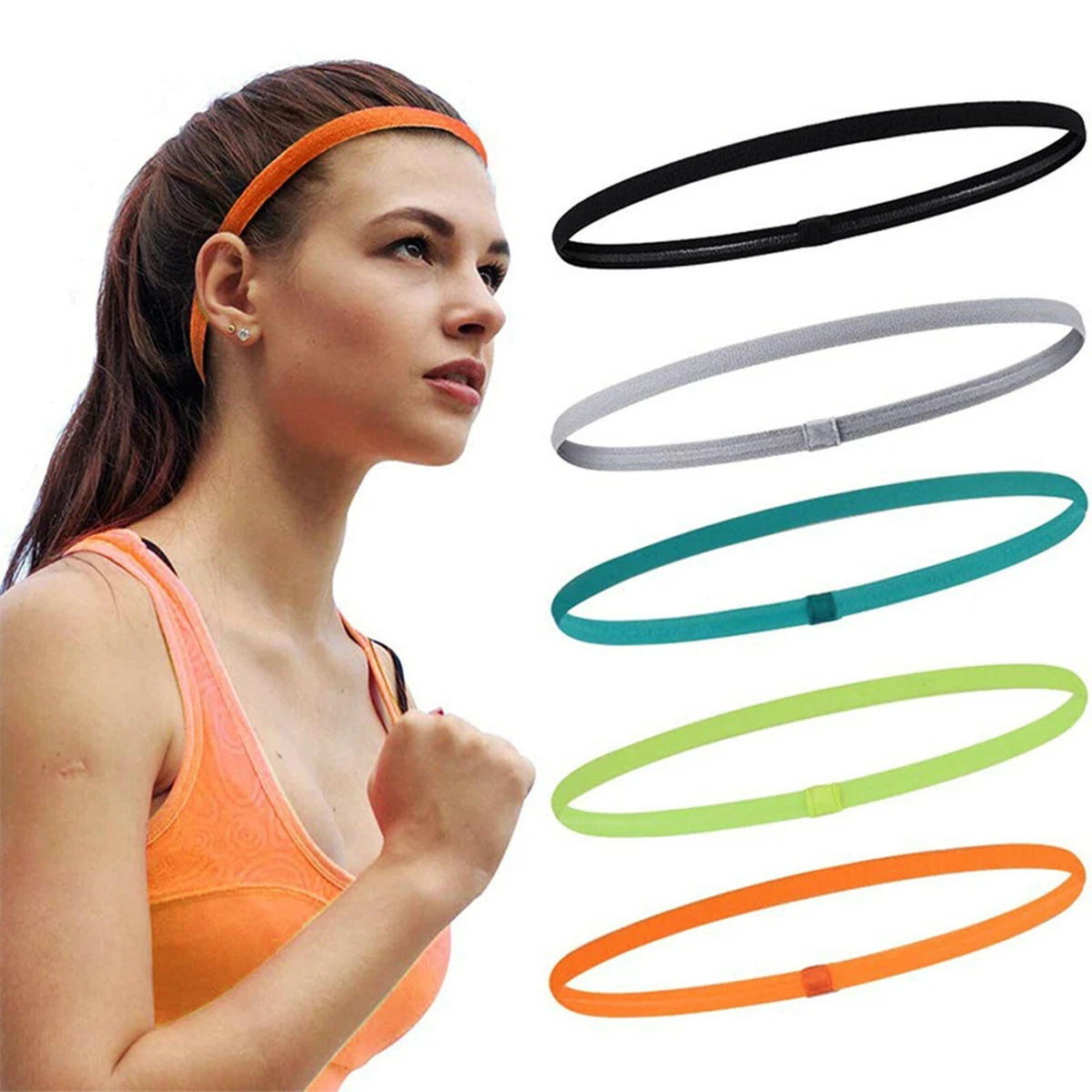 Thin Sports Headband 6Pcs Elastic Sports Hairbands Slim.Silicone Grip Sport  Hair