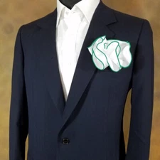 NEW - Men's 2-in-1 Pouf Round Pocket Square - White Satin with Green Trim