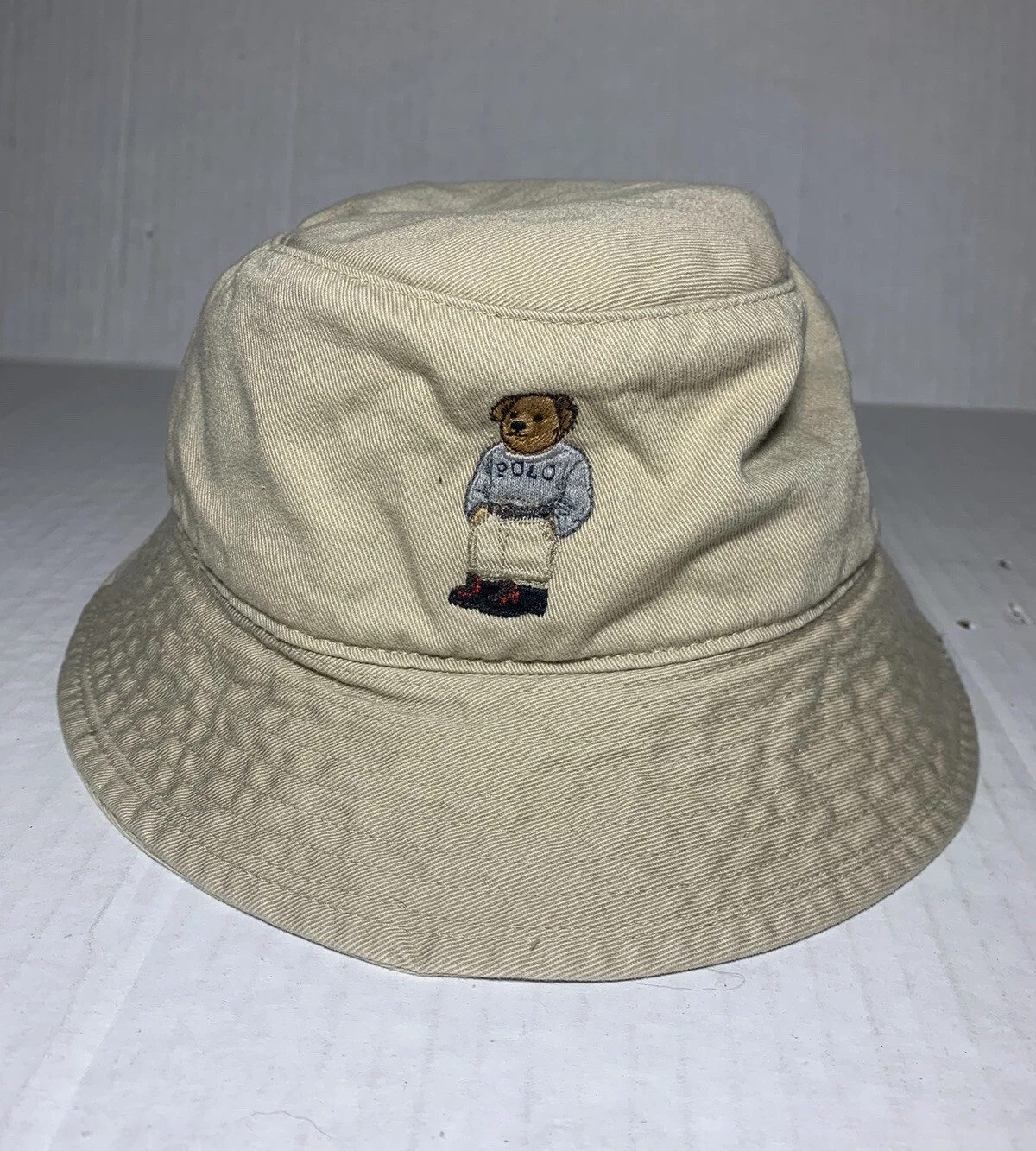 VTG Polo Ralph Lauren Bucket Hat Embroidered Bear Tan Size Small EUC