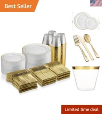 600 Piece Gold Plastic Dinnerware Set, Disposable - 100 Gold Rim 10 inch and ...