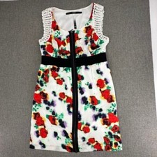 Kensie Mini Floral Dress Lace Trim Medium Zip Up Round Neck Lined White red Blac