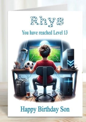 Personalised Birthday Card Grandson nephew brother Son Gamer at his desk
