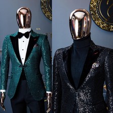 New Arrival Men Sequins Suits Black Solid Pant Single Breasted Host Formal Suits