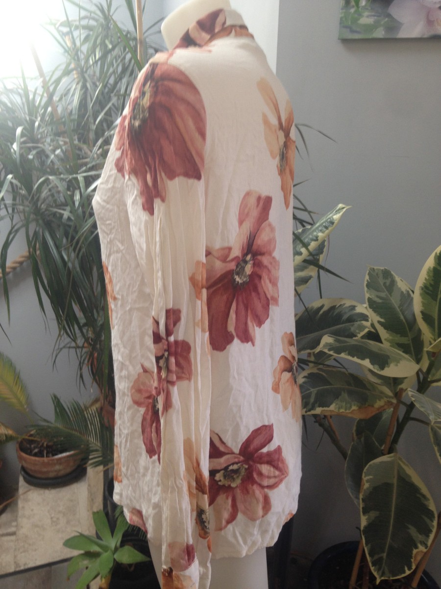 Chemisier Femme UN DEUX TROIS Manches Longues | Imprimé Floral Sur Viscose | Taille 38 | Blanc | Occasion Très Bon état