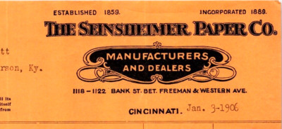 1906 Seinsheimer Paper Co Manufacturers And Dealers CINCINNATI OH  