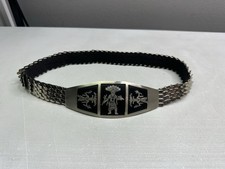 VTG Native Kachina Tribal Metal Panel Concho Style Belt Silver Tone 25in Stretch
