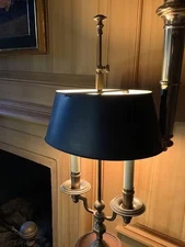 1950s Norman Perry Brass French Bouillotte 2-Candlestick Floor Lamp Tole Shade