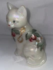 Fenton Opalescent Glass Cat Hand Painted, Signed, Floral Glitter Christmas