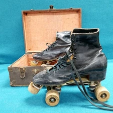 VTG Black Leather Roller Derby Hyde Roller Skates Size 7 Chicago 76 w/ Wood Case