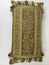 Designer Fringed Reversible Throw Pillow 12” x 24” Gold, Beige, Hint of Green