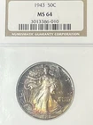 1943 Walking Liberty Half Dollar, NGC MS 64, Uniquely Rainbow Toned