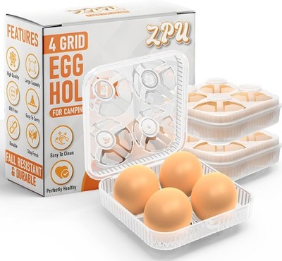 ZPU Egg Holder Camping, 1Pcs 4 Grid Container, Plastic White-1pcs 