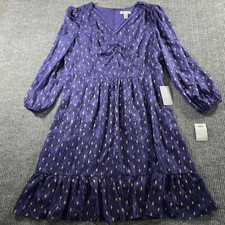 London Times Purple Gold Metallic Clip Dot V-Neck Ruffle Hem Dress Womens 18 NEW