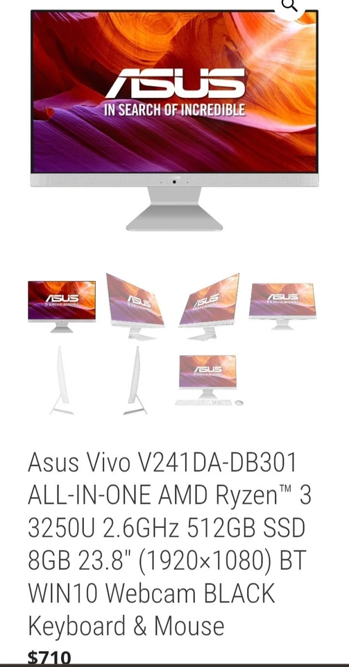 SSD Asus Vivo V241DA DB301 All In One AMD Ryzen 3 3250U 8GB 512GB 23,8 polegadas - Imagem 2 de 4