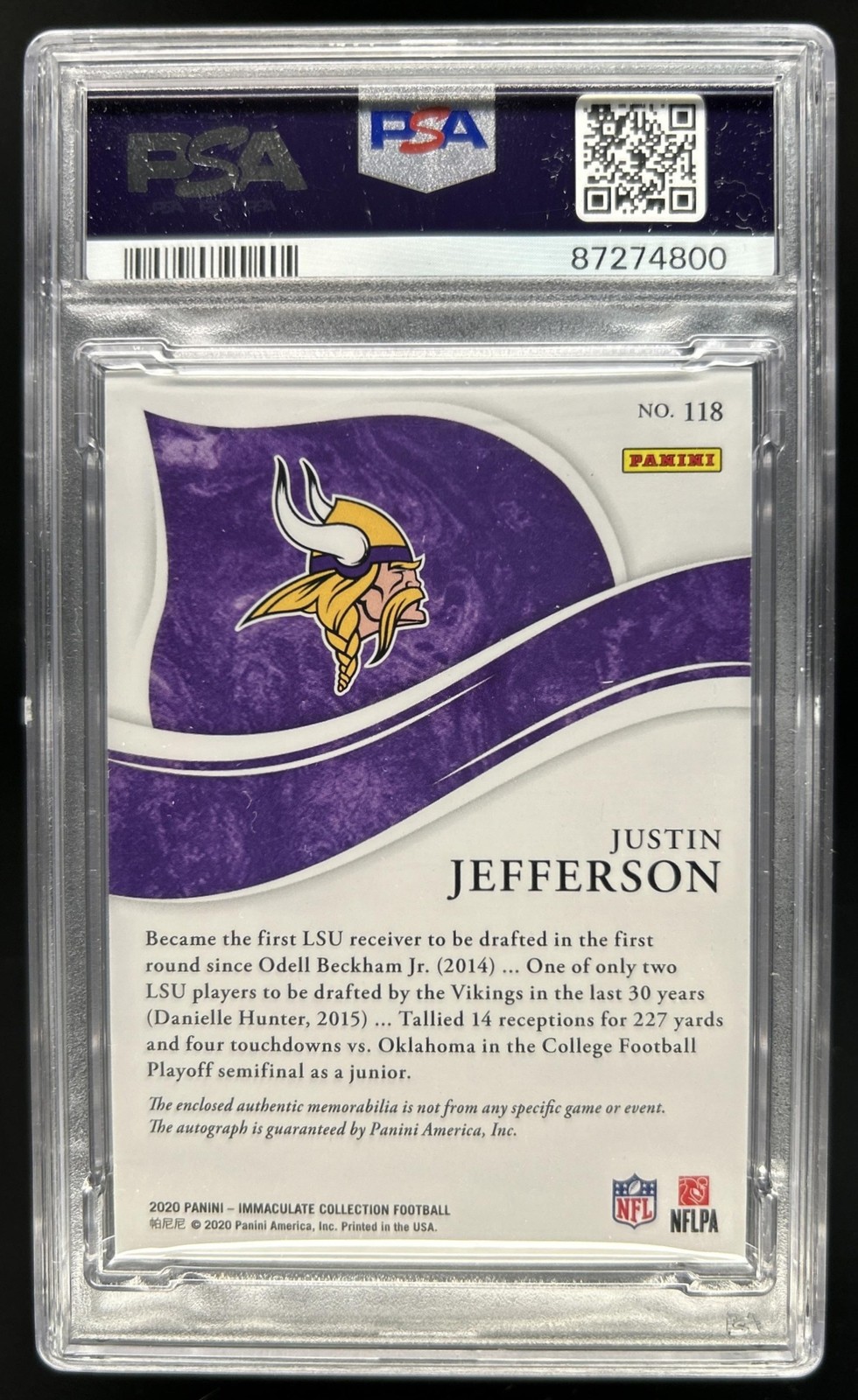 2020 Immaculate Collection Justin Jefferson Rookie Patch Auto RC #/99 PSA 8 view 2