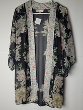 Band of Gypsies Sheer Kimono Duster Longline Open Front Cover Up Black Size XS