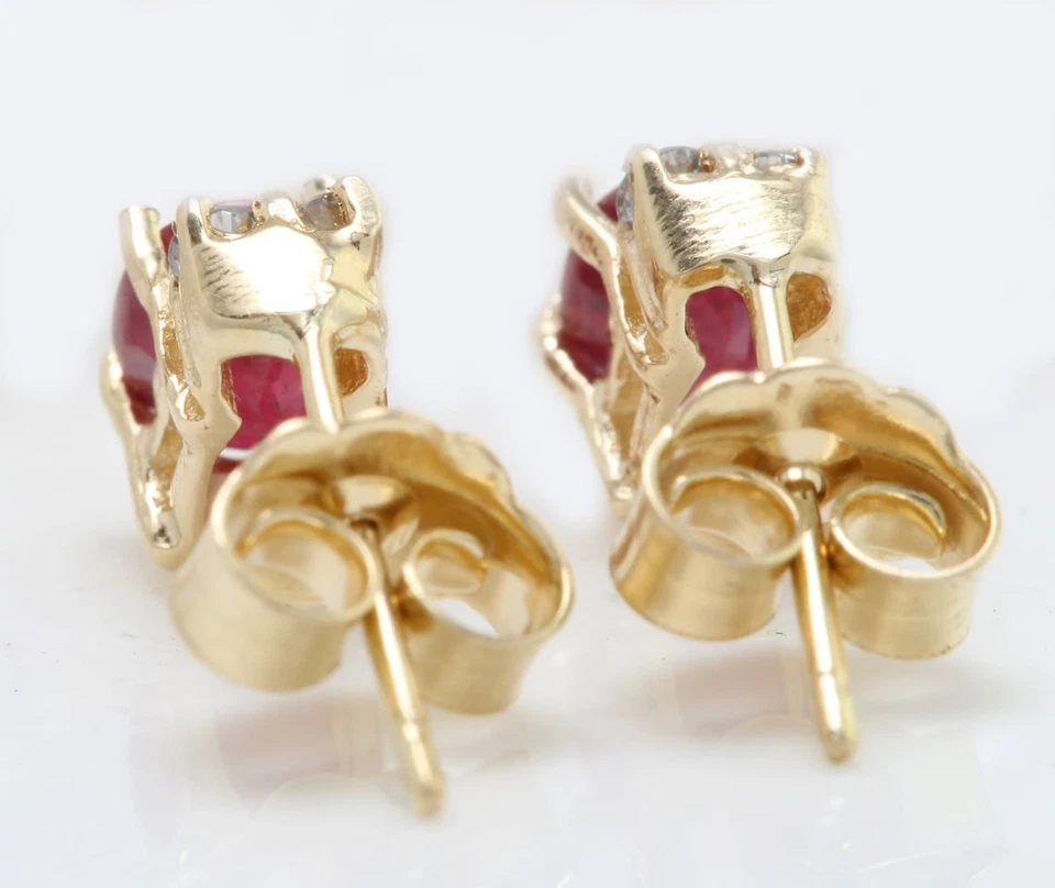 1.90 Carat Natural Red Ruby and Diamonds 14K Yellow Gold Stud Women Earrings O27 - Image 3 of 3